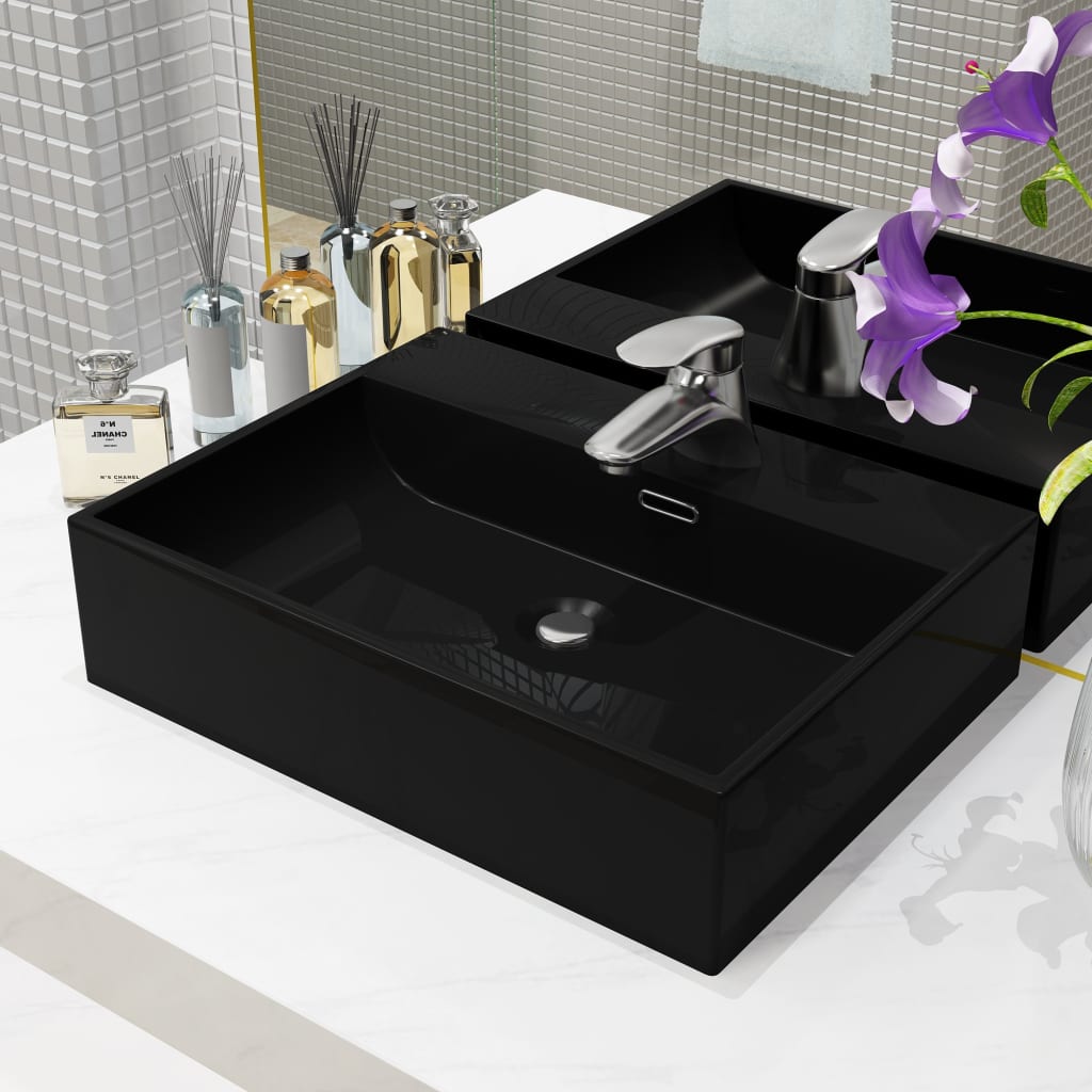 Waschbecken mit Hahnloch Keramik Schwarz 51,5 x 38,5 x 15 cm - Home & Family Shop Nicolas Schwarz