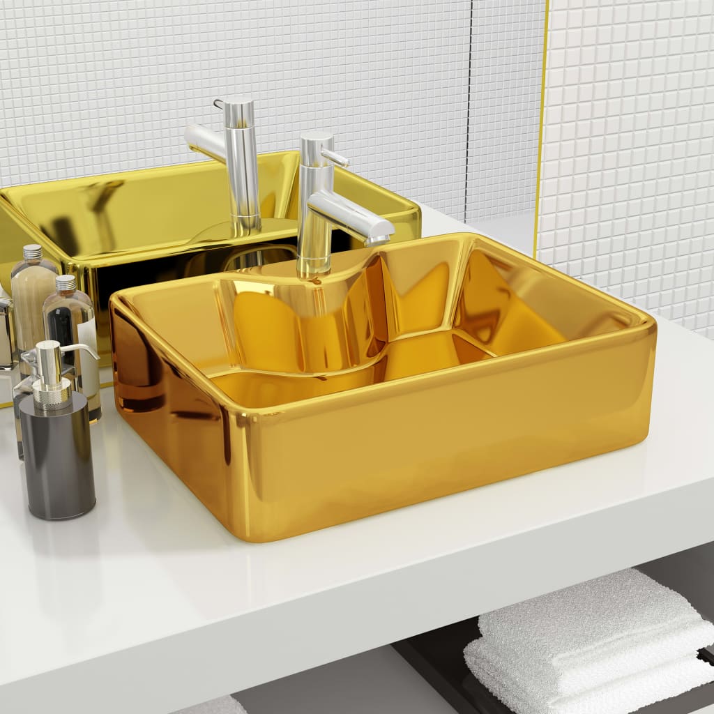 Waschbecken mit Wasserhahnloch 48 x 37 x 13,5 cm Keramik Golden - Home & Family Shop Nicolas Schwarz