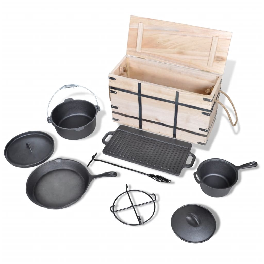 Ensemble de 9 casseroles et poêles dans un coffret en bois
