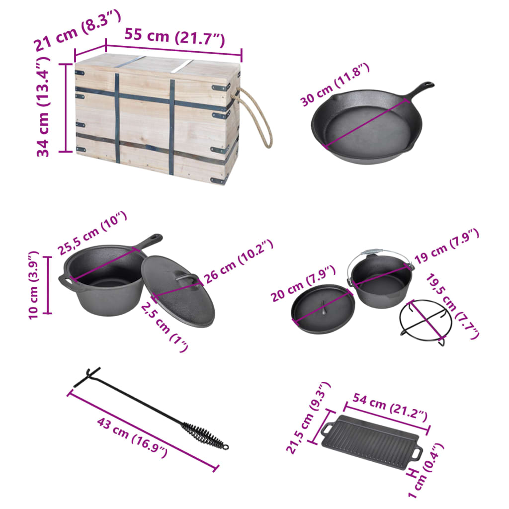Ensemble de 9 casseroles et poêles dans un coffret en bois