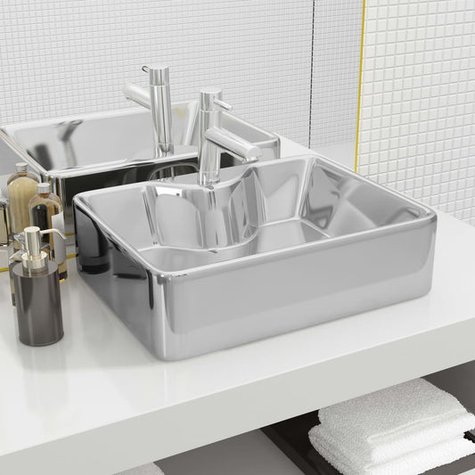 Waschbecken mit Wasserhahnloch 48x37x13,5cm Keramik Silbern - Home & Family Shop Nicolas Schwarz