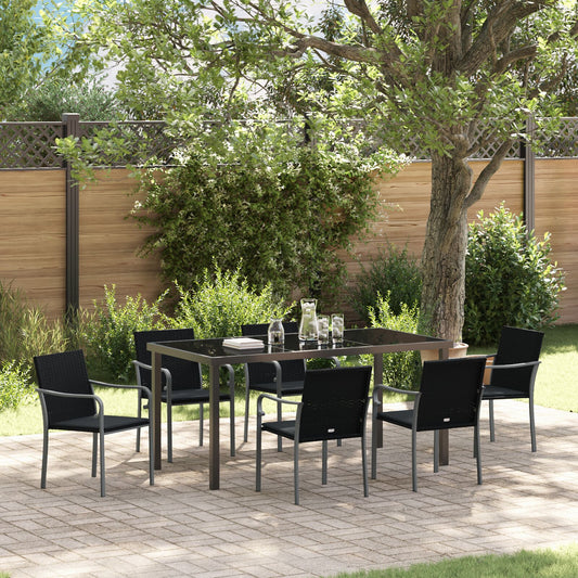 7-teiliges Garten-Essensemble mit Kissen in Schwarz aus Poly-Rattan