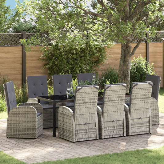 9-teilige Garten-Essgruppe mit Kissen Grau Poly-Rattan