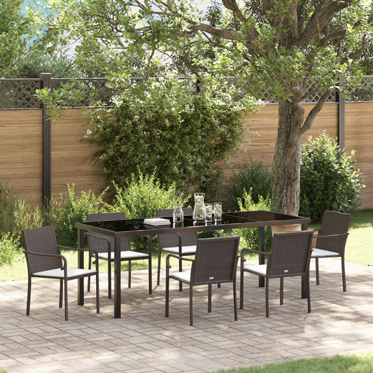 7-teiliges Garten-Esszimmer-Set mit Kissen Braun aus Poly Rattan